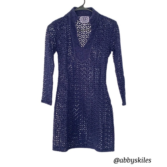SAIL TO SABLE Thick Eyelet Lace Swim Coverup Dress Navy Blue Size XXS - Picture 1 of 7